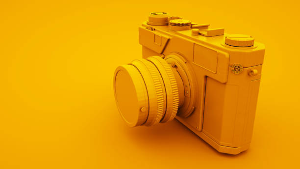 istock Yellow Vintage Camera. Minimal idea concept, 3d illustration 1199964989