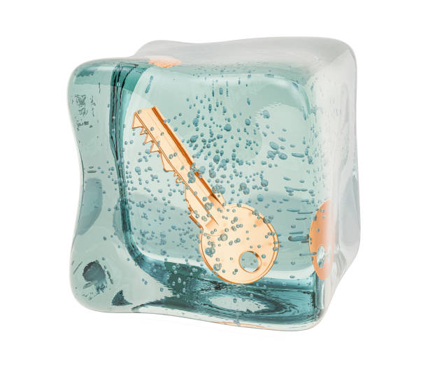Key frozen in ice cube, 3D rendering isolated on white background