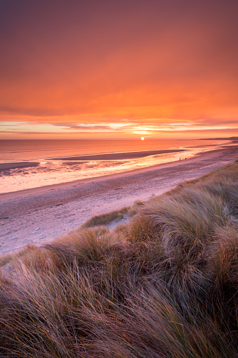 A vivid, bright orange sunrise from the sand dunes above a sandy beach and sea on Christmas day on the Northumberland coast.