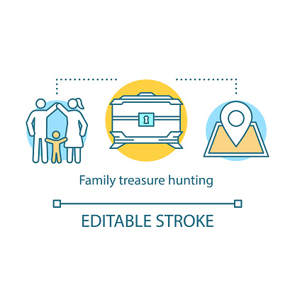 Family treasure hunting concept icon. Time together idea thin line illustration. Geocaching. Search for treasure. Searching for retrieve artifacts. Vector isolated outline drawing. Editable stroke