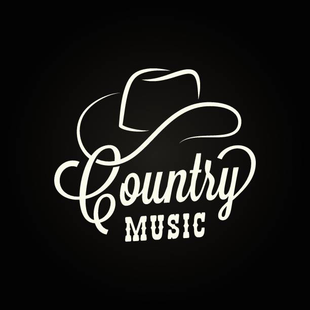 Country music sign. Cowboy hat with country music lettering on black background Country music sign. Cowboy hat with country music lettering on black background 10 eps country and western stock illustrations