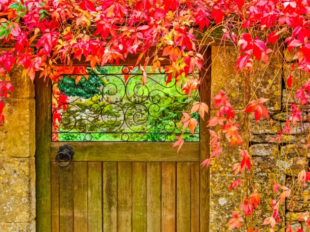 Quaint rustic garden entrance in the Cotswolds area of the United Kingdom