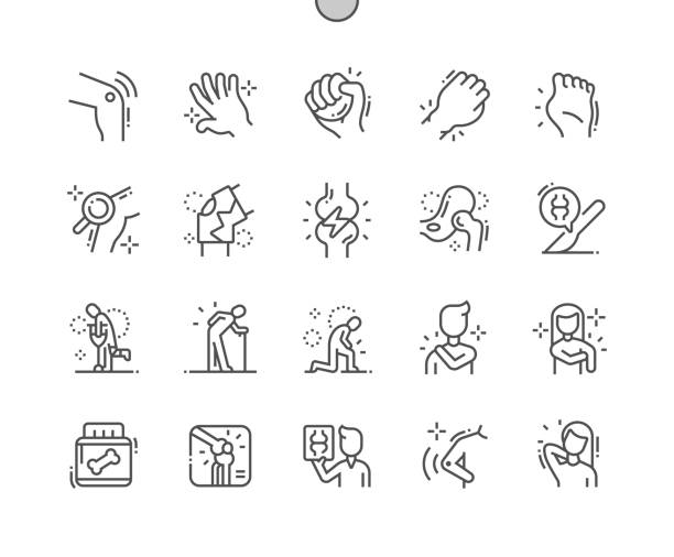 ilustraciones, imágenes clip art, dibujos animados e iconos de stock de artritis bien elaborado pixel perfect vector thin line icons 30 2x cuadrícula para gráficos web y aplicaciones. pictograma mínimo simple - pain joint human hand arthritis