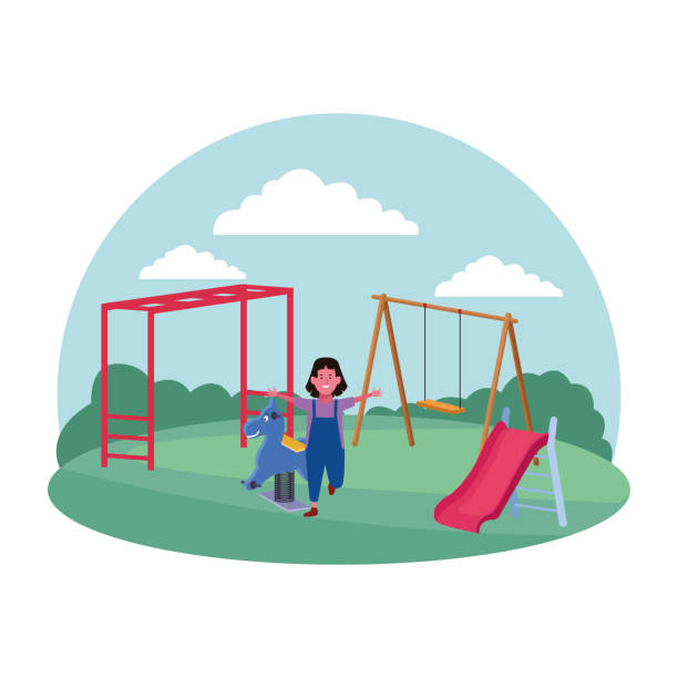 kids zone, happy girl with swing slide spring horse playground kids zone, happy girl with swing slide spring horse playground vector illustration playground spring horse stock illustrations