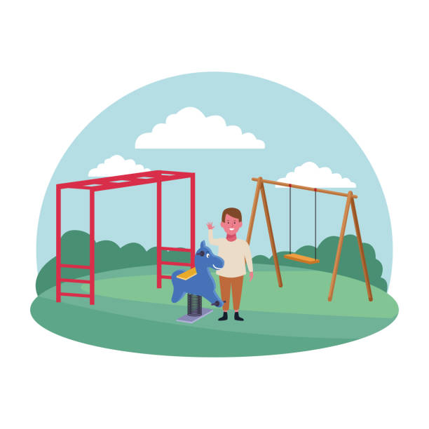 kids zone, boy waving hand with spring horse and swing playground kids zone, boy waving hand with spring horse and swing playground vector illustration playground spring horse stock illustrations