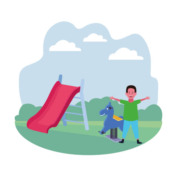 kids zone, funny boy with spring horse and slide playground kids zone, funny boy with spring horse and slide playground vector illustration playground spring horse stock illustrations