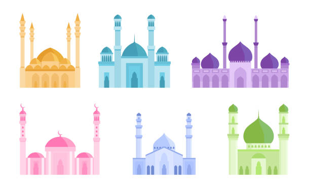 화려한 모스크 이슬람 신성한 예배 건물의 집합입니다. 평면 만화 스타일의 벡터 일러스트레이션입니다. - 파키스탄 일러스트 stock illustrations