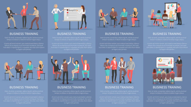 seminaria szkoleniowe dla biznesu zestaw plakatów wektor - conference business meeting training stock illustrations