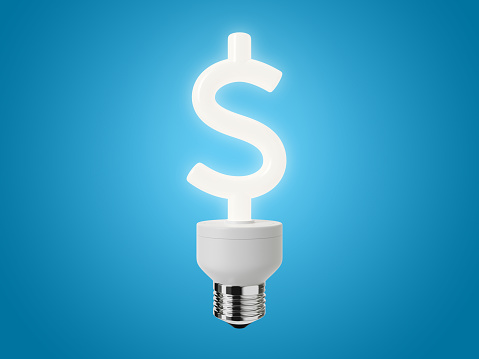 Energy Efficient Dollar Sign Light Bulb on a Blue Background