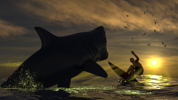 istock Surfer is confronting a white shark and in shock after seeing the danger in front of him 3d rendering 1199983809