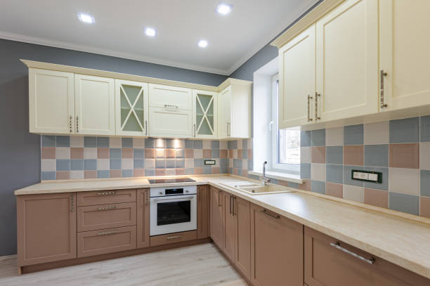 istock Luxury modern provence styled grey, pink and cream kitchen interior 1199986272