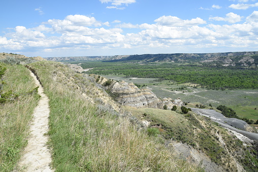 Scenery viewed from the Caprock Coulee Trail in the badlands of Theodore Roosevelt National Park, North Unit, North Dakota.