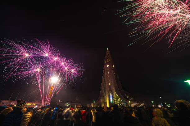 New year fireworks in Reykjavik near Hallgrímskirkja. stock photo