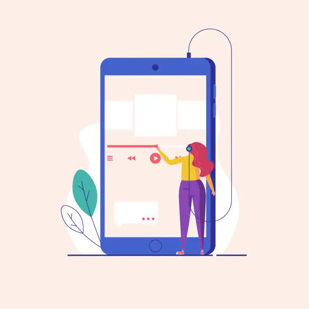 Vector illustration of Woman wearing headphones and listening music or radio from phone. Concept of media player, music app, listening podcast. Podcasting UI flat illustration for web banner in vector.