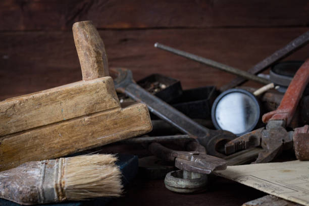 istock Vintage old tool on the old wooden table. Concept Workshop. Father's Day 1199993443