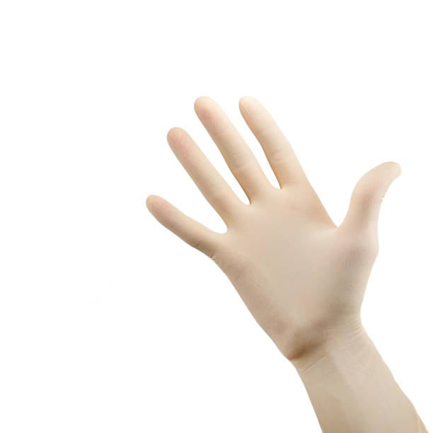 ręka w rękawiczce chirurgicznej pokazuje pięć, palmy wyizolowane na białym - doctors office examination table medical exam clinic zdjęcia i obrazy z banku zdjęć