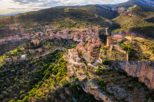 Photo of aerial view of Alquezar at sunset, Spain