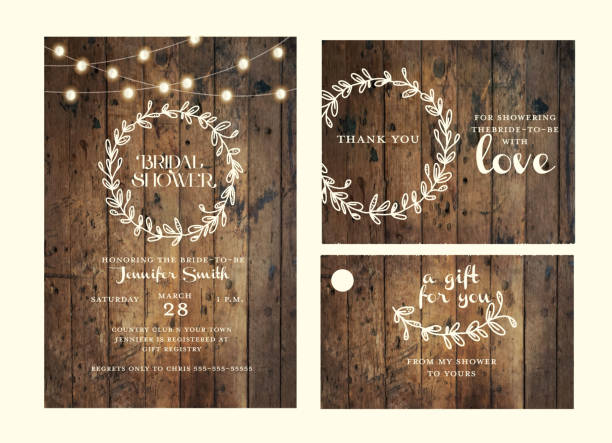 Bridal shower design template set with hand drawn wreath and wooden background with string lights Vector illustration of a Bridal shower design template set with hand drawn wreath and wooden background with string lights. Includes, invitation design template, thank you card and gift tag label. Easy to edit. light strings stock illustrations