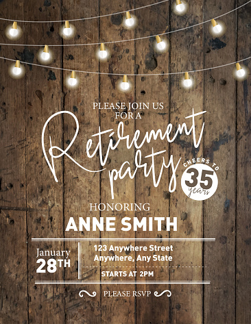 Vector illustration of a Retirement party invitation design template on wooden background with string lights. Easy to edit.