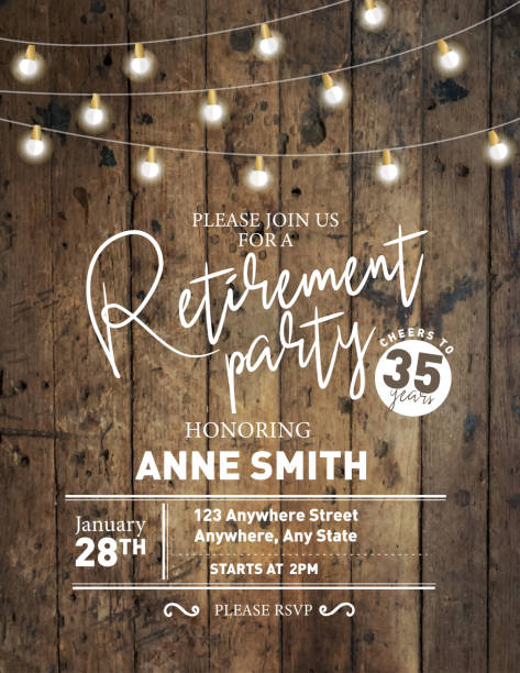 Retirement party invitation design template on wooden background with string lights Vector illustration of a Retirement party invitation design template on wooden background with string lights. Easy to edit. invitations templates stock illustrations