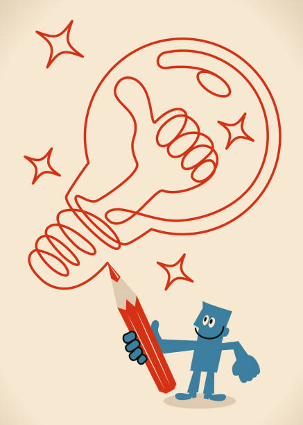 ilustrações de stock, clip art, desenhos animados e ícones de blue man drawing an idea light bulb with thumbs up shaped tungsten by red pencil - thumbs up human thumb human hand conflict