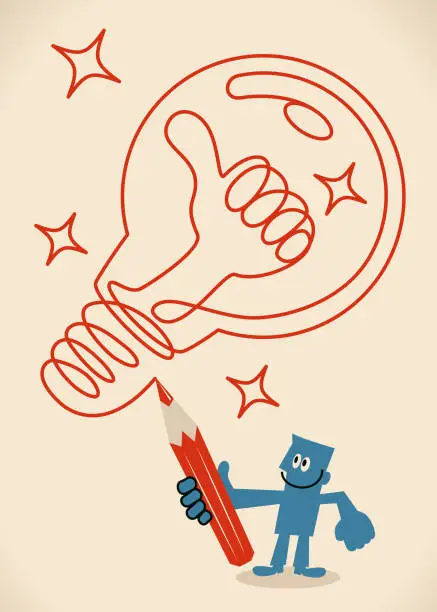 Vector illustration of Blue man drawing an idea light bulb with Thumbs Up shaped tungsten by red pencil