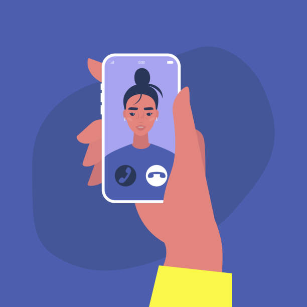 Incoming video call, A portrait of a young female character on a mobile phone screen, Millennial lifestyle Incoming video call, A portrait of a young female character on a mobile phone screen, Millennial lifestyle portable information device illustrations stock illustrations