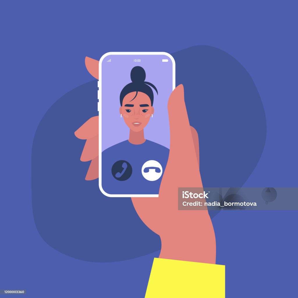傳入視頻通話，手機螢幕上一個年輕女性角色的肖像，千禧年生活方式 - 免版稅電話圖庫向量圖形