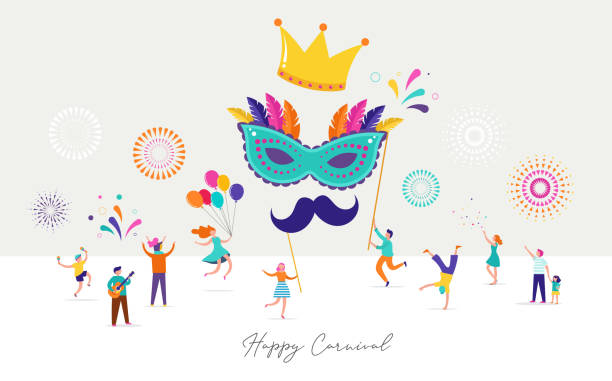 illustrazioni stock, clip art, cartoni animati e icone di tendenza di carnevale, festa, sfondo purim. scena con persone minuscole e in miniatura, famiglie, bambini e giovani adulti che saltano, ballano e festeggiano. - samba dancing