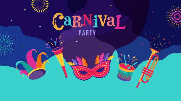 karneval, party, rio carnaval, purim hintergrund mit konfetti, musikinstrumente, masken, clown hut und feuerwerk. vektordesign und illustration - costume stage costume party carnival stock-grafiken, -clipart, -cartoons und -symbole