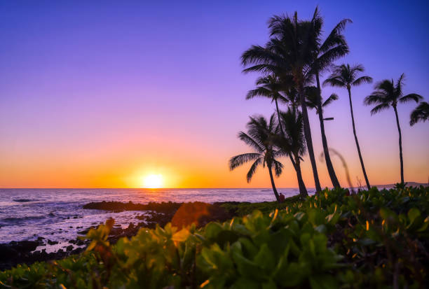 Sunset over the coast of Kauai, Hawaii stock photo