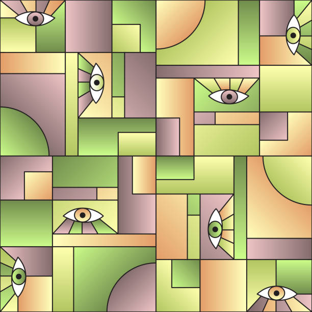 istock Eyes in geometric shapes grid retro seamless print 1200011947