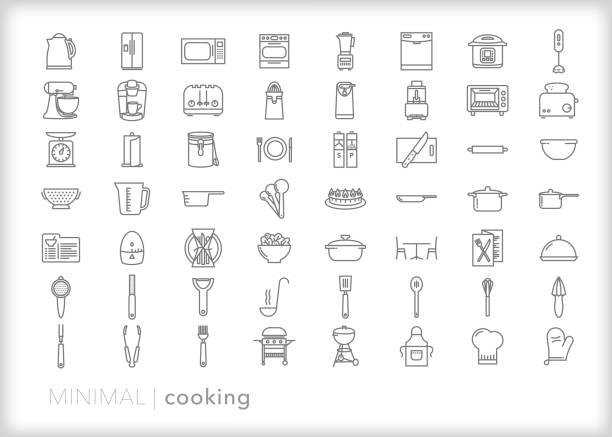ilustraciones, imágenes clip art, dibujos animados e iconos de stock de conjunto de iconos de línea de cocción - wire whisk symbol computer icon spatula