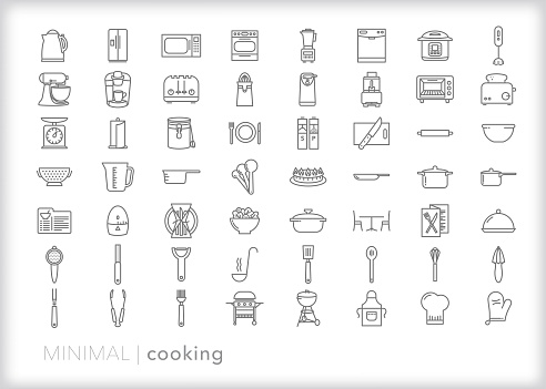 Set of more than 50 cooking line icons for food and meal prep, baking, and cooking at home or at a restaurant kitchen