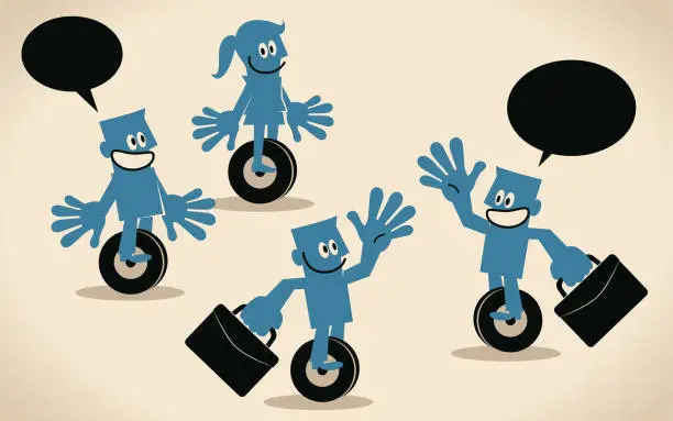 Vector illustration of Blue people riding motorwheel (hoverboard, electric scooters)