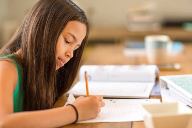 young girl sitting at a desk and working on her homework - homework pencil people indoors imagens e fotografias de stock