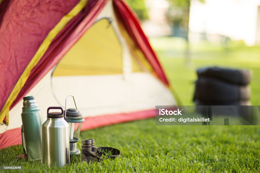 Camping background of a tent with copy space Background of a camping trip with copy space Camping Stock Photo