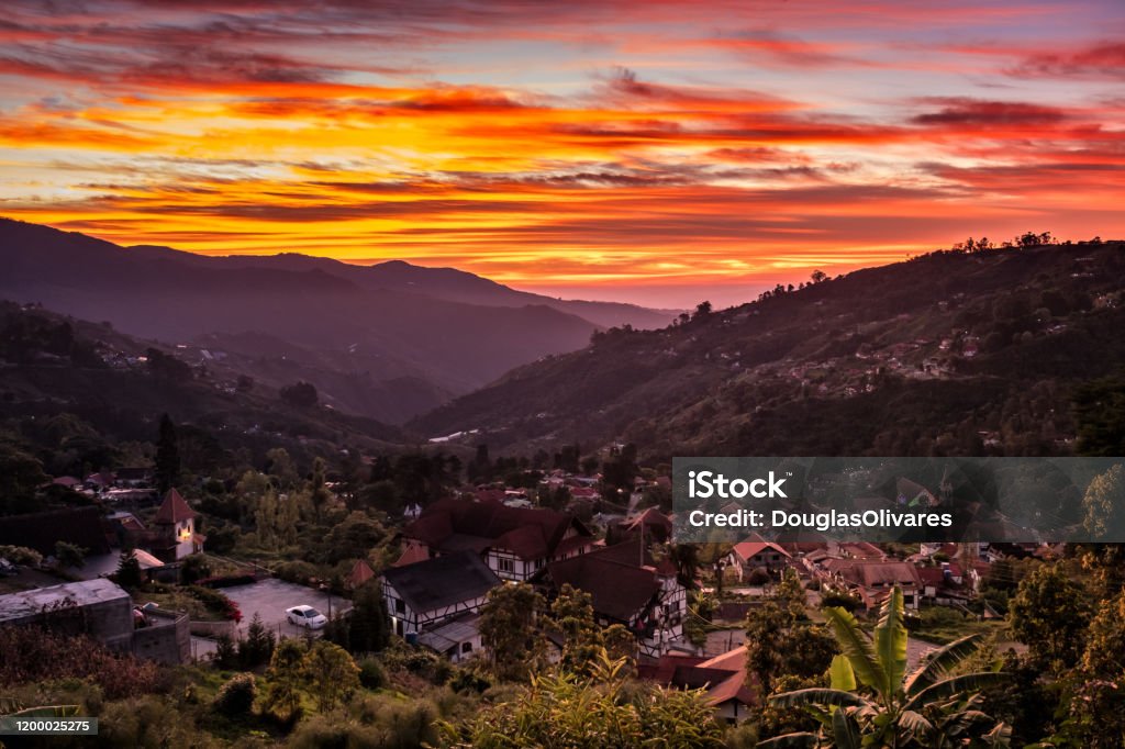 View of beautiful sunrise at Colonia Tovar. Aragua State, Venezuela Founded by geographer Agustin Codazzi, terrains donated by the Tovar Family in 1843. Aragua State Stock Photo