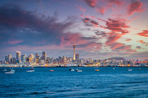 The iconic illuminated cityscape of downtown Auckland during a vibrant colorful sunset twilight. Auckland, New Zealand, Oceania.