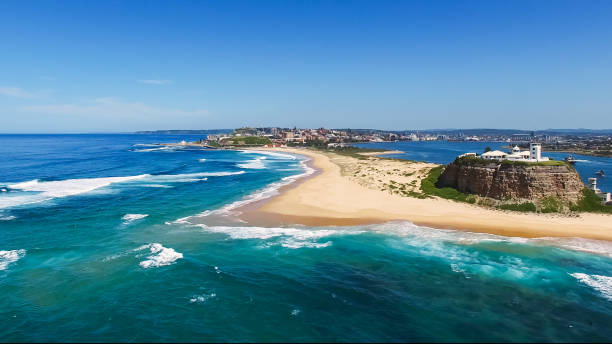 nobbys head drone aerial close up in newcastle nobbys head drone aerial close up in newcastle, australia headland photos stock pictures, royalty-free photos & images