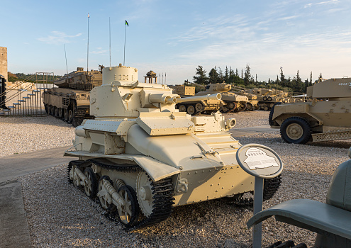 Latrun, Israel, January 14, 2020 : Vickers Mk VI light tank is on the Memorial Site near the Armored Corps Museum in Latrun, Israel