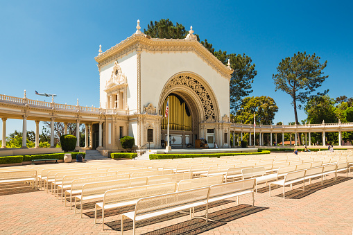 The Spreckels Organ Pavilion, beautiful and spacious place with a lot of chairs for people to sit, relax, and enjoy the music. Balboa Park, San Diego, California/USA - August 12, 2019
