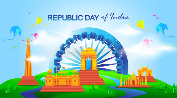 ilustraciones, imágenes clip art, dibujos animados e iconos de stock de 71 años día de la república india con monumentos. - vector - india gate gateway to india mumbai
