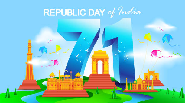 ilustrações de stock, clip art, desenhos animados e ícones de 71 years india republic day with monuments. - vector - taj mahal india gate palace