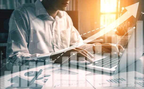 Double Exposure Image of Business Profit Growth Double Exposure Image of Business and Finance - Businessman with report chart up forward to financial profit growth of stock market investment. stock certificate photos stock pictures, royalty-free photos & images