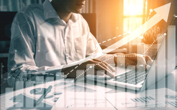Double Exposure Image of Business Profit Growth Double Exposure Image of Business and Finance - Businessman with report chart up forward to financial profit growth of stock market investment. planned economy stock pictures, royalty-free photos & images
