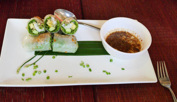 istock Rolled vegetable Noodles on white plate with dipping sauce on red table 1200039883