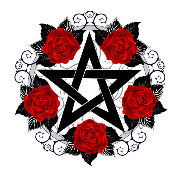 ilustrações de stock, clip art, desenhos animados e ícones de pentagram with red roses - thorn spiked flower head blossom