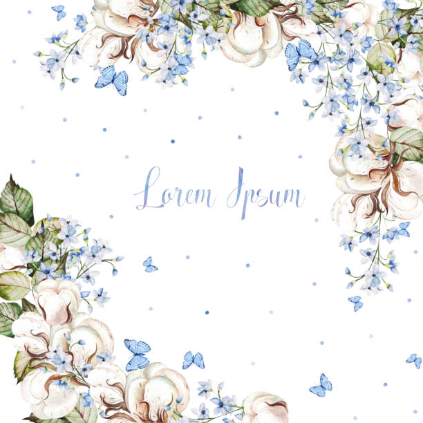 istock Watercolor wedding card with cotton and blue flowers, leaves. 1200043101