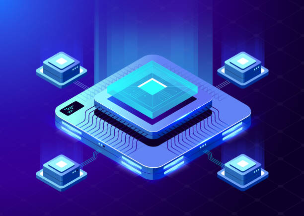 ilustrações de stock, clip art, desenhos animados e ícones de quantum computer, large data processing. - computer chip circuit board isometric computer